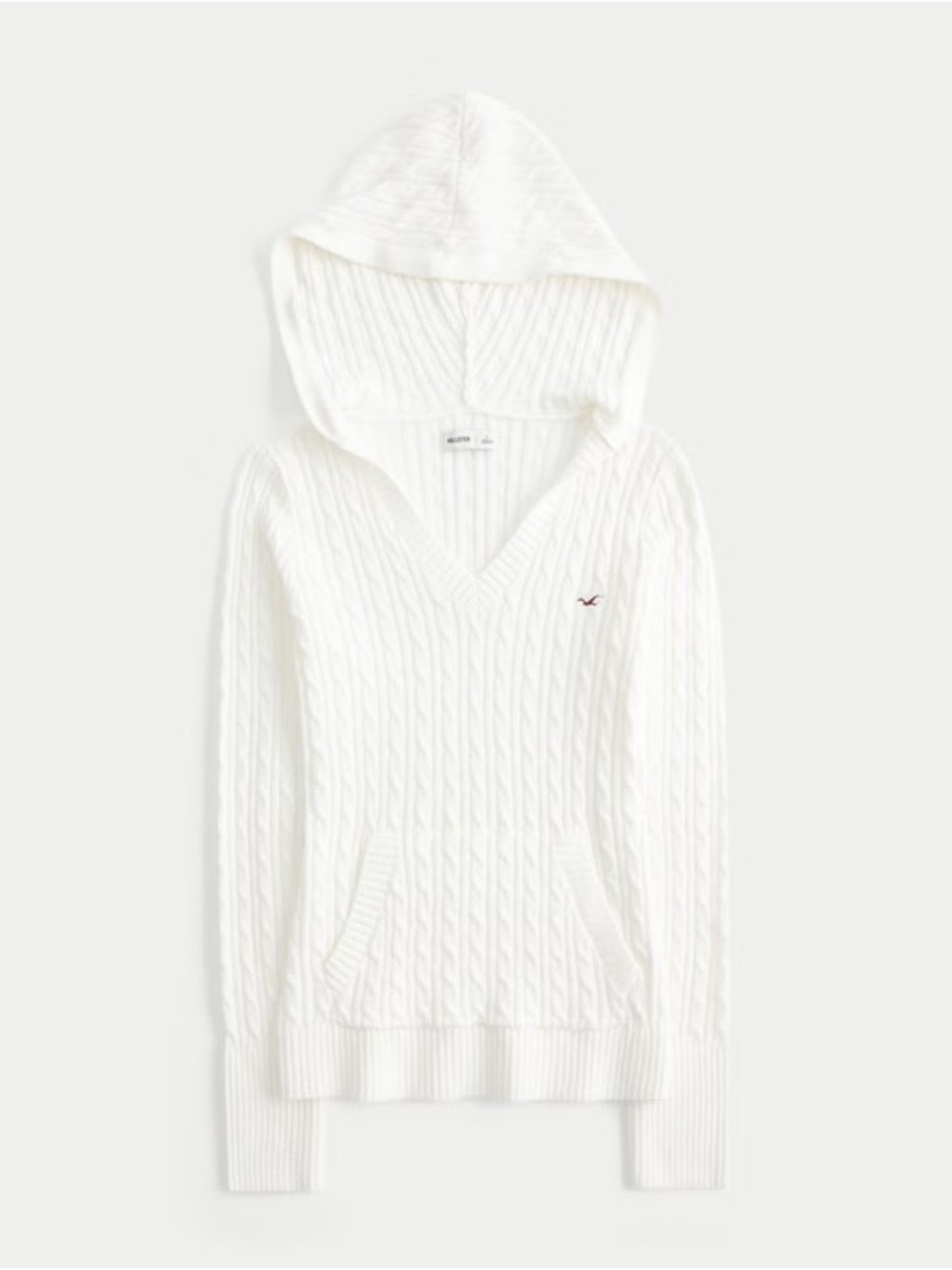 Hollister White Cable Knit V-Neck Hooded Sweater
